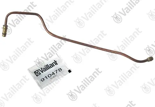 Kupferrohr von Vaillant, gebogen, mit zwei Anschlussstellen an den Enden, abgelegt neben einem transparenten Beutel mit Artikelnummer.